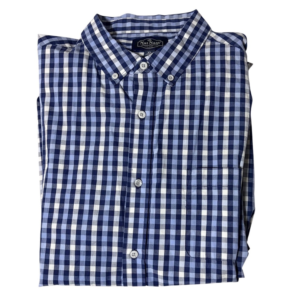 Nat Nast Button Down XL Blue‎ White Gingham Check Long Sleeve Cotton Shirt